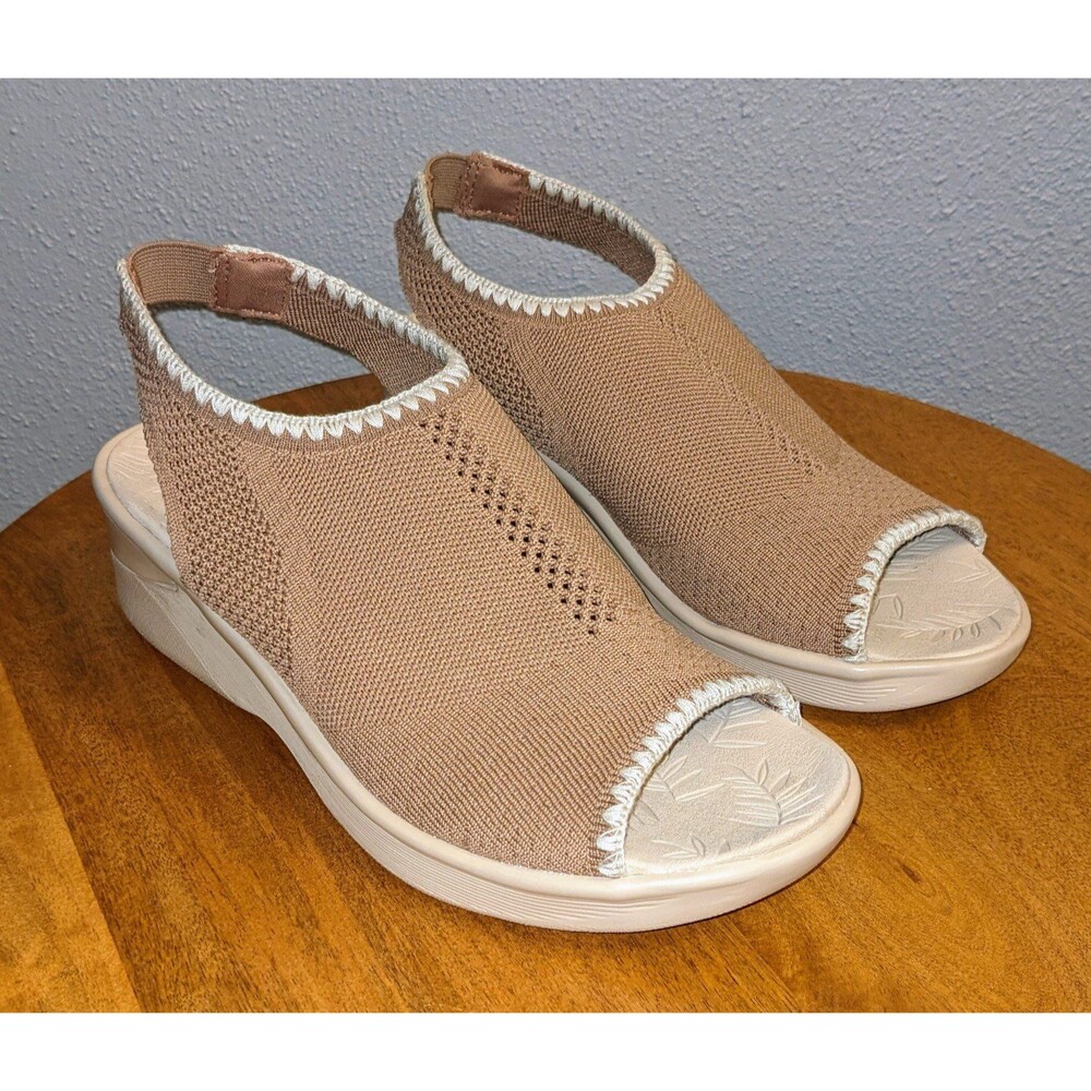 Bzees Sicily Stretch Knit Wedge Sandals Women's 8.5 W Beige Peep Toe Slingback - Picture 4 of 10